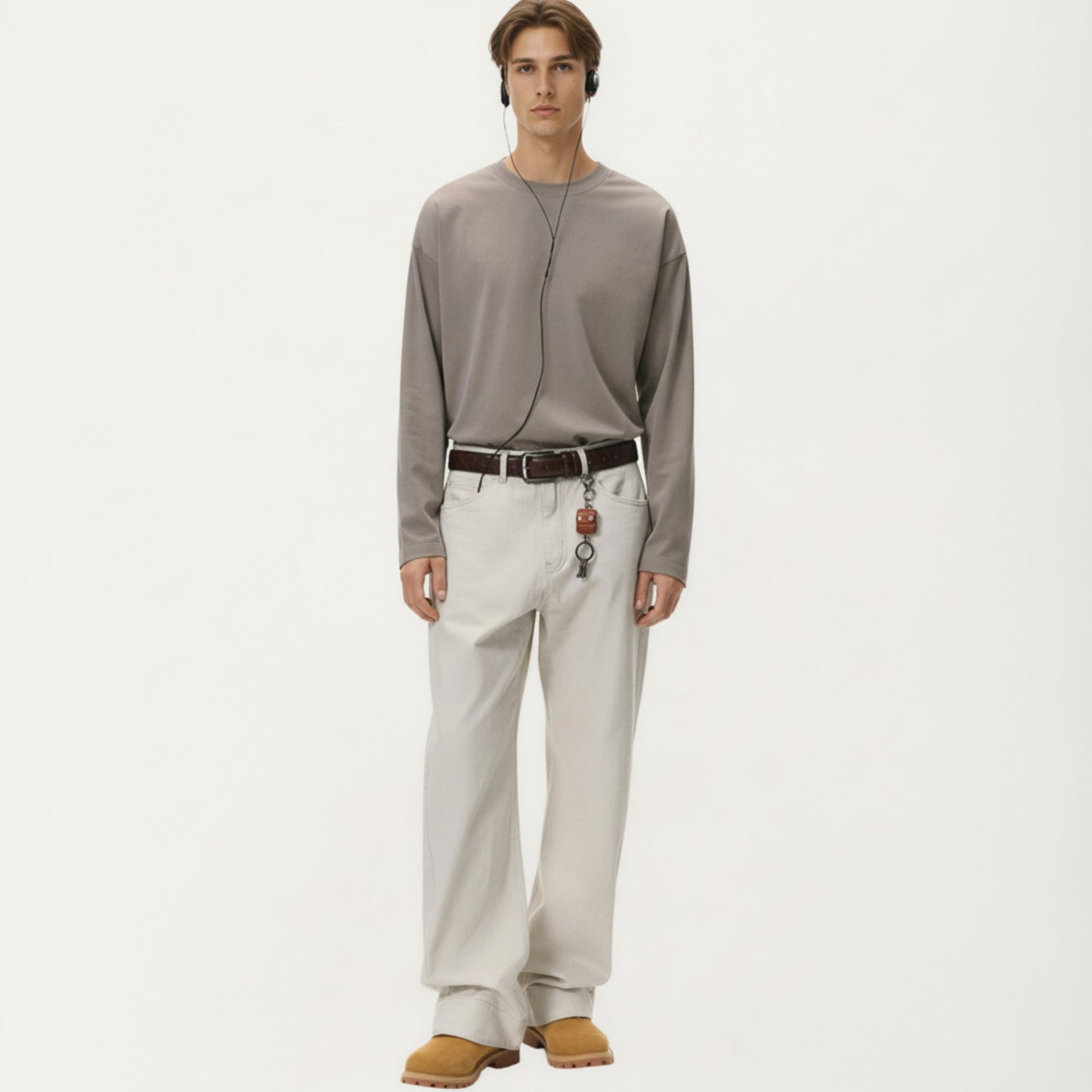 Men's Long Sleeve Crewneck T Shirt with Relaxed Fit and Clean Minimal Design