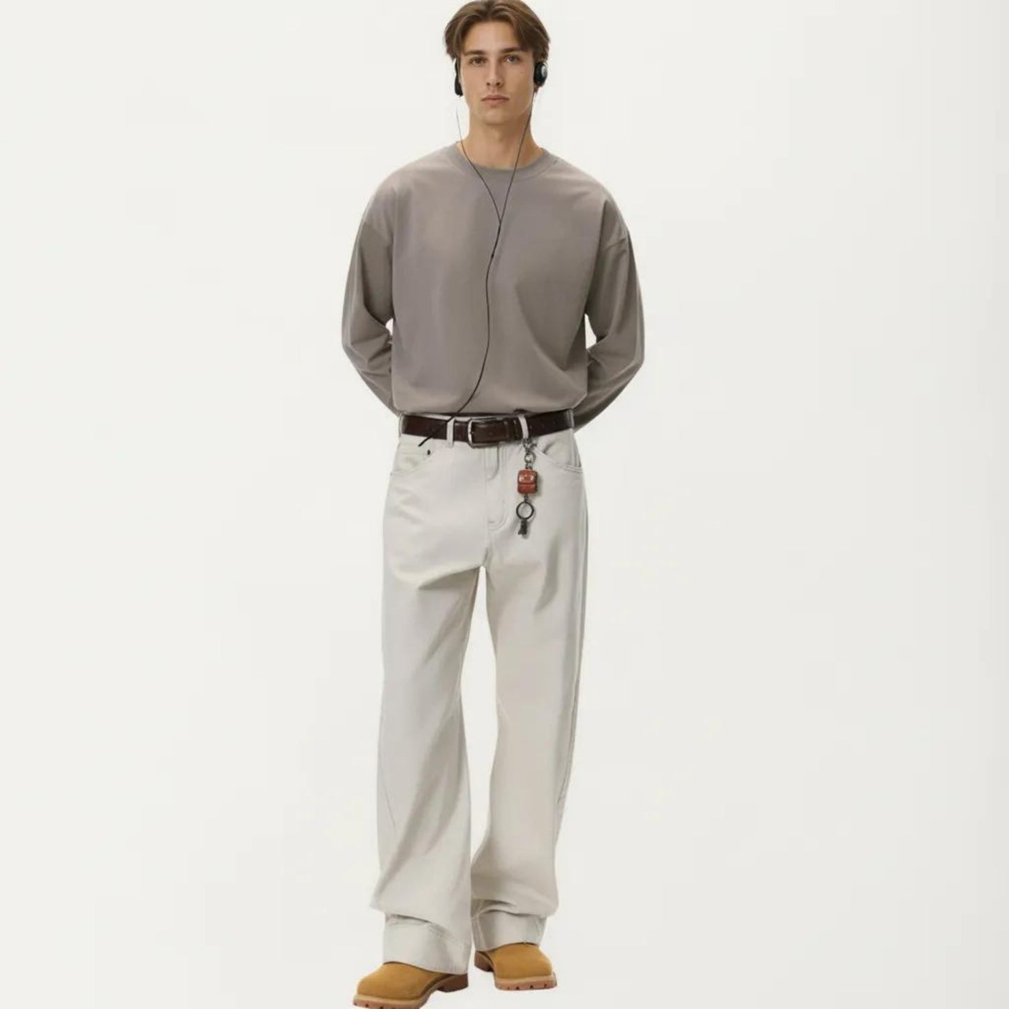 Men's Long Sleeve Crewneck T Shirt with Relaxed Fit and Clean Minimal Design