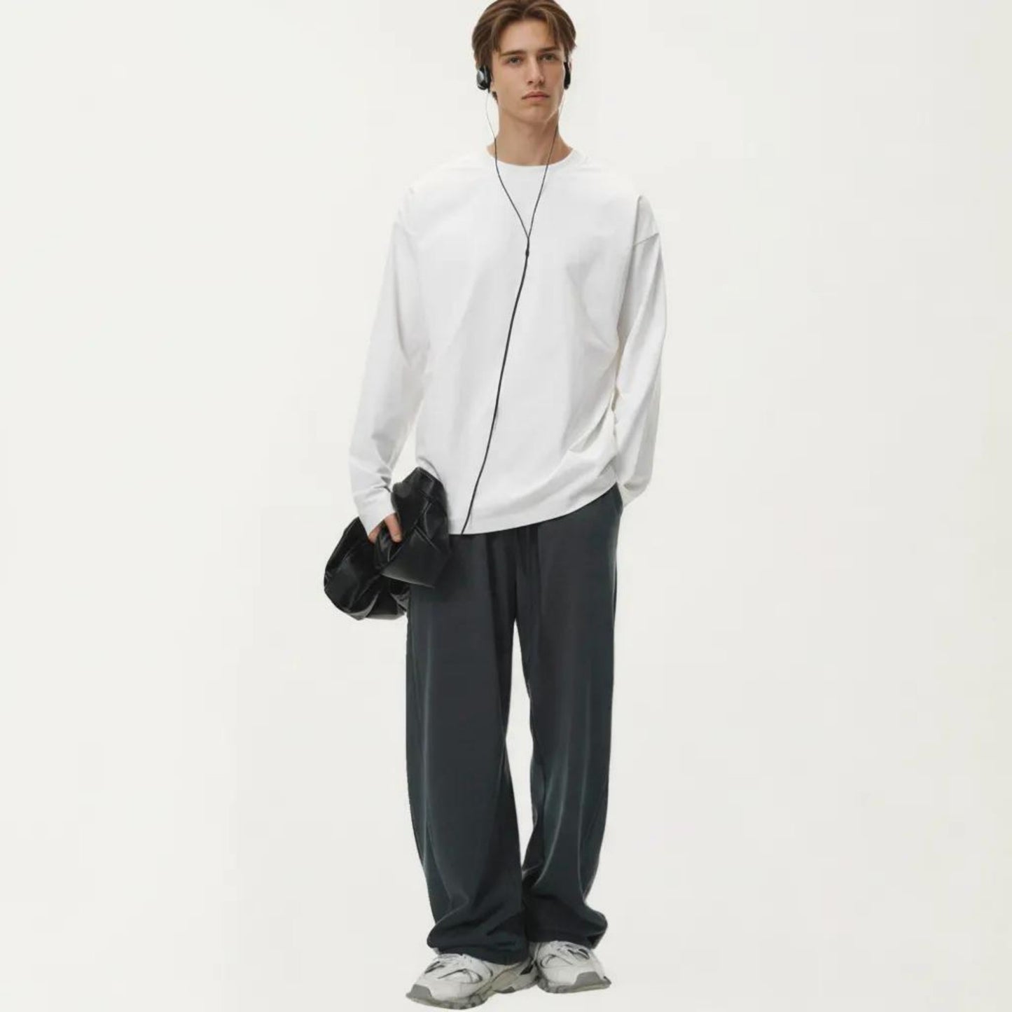 Men's Long Sleeve Crewneck T Shirt with Relaxed Fit and Clean Minimal Design