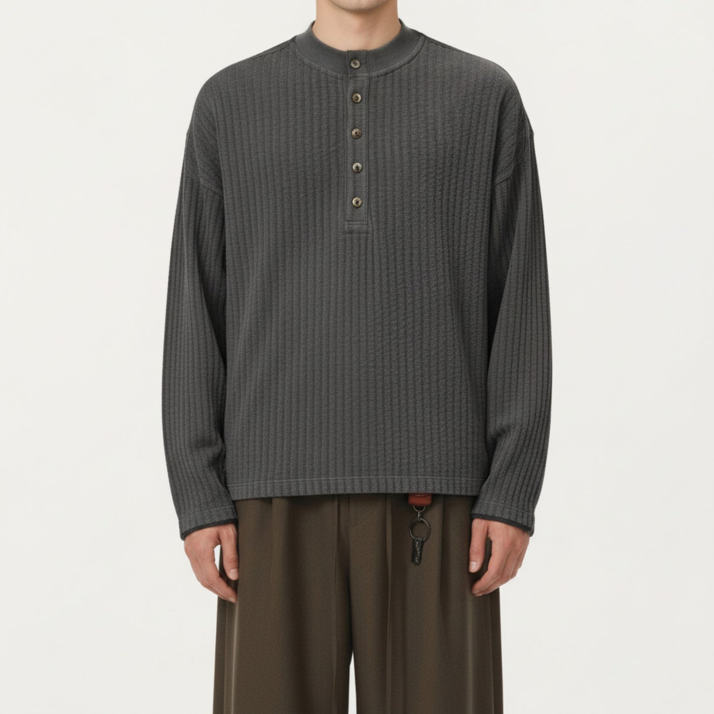 Men's Long Sleeve Ribbed Knit Henley Pullover with Button Placket and Relaxed Fit