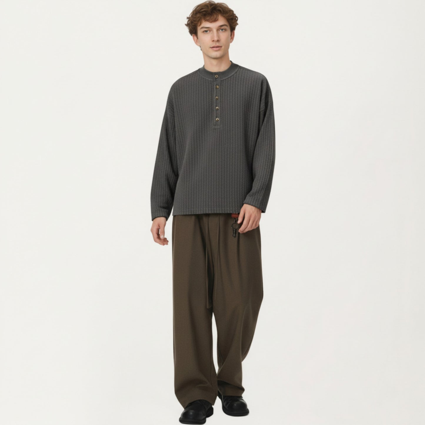 Men's Long Sleeve Ribbed Knit Henley Pullover with Button Placket and Relaxed Fit