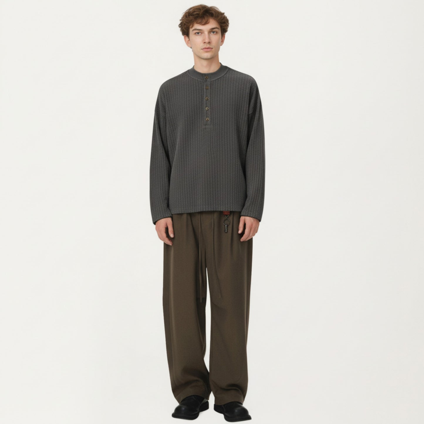 Men's Long Sleeve Ribbed Knit Henley Pullover with Button Placket and Relaxed Fit