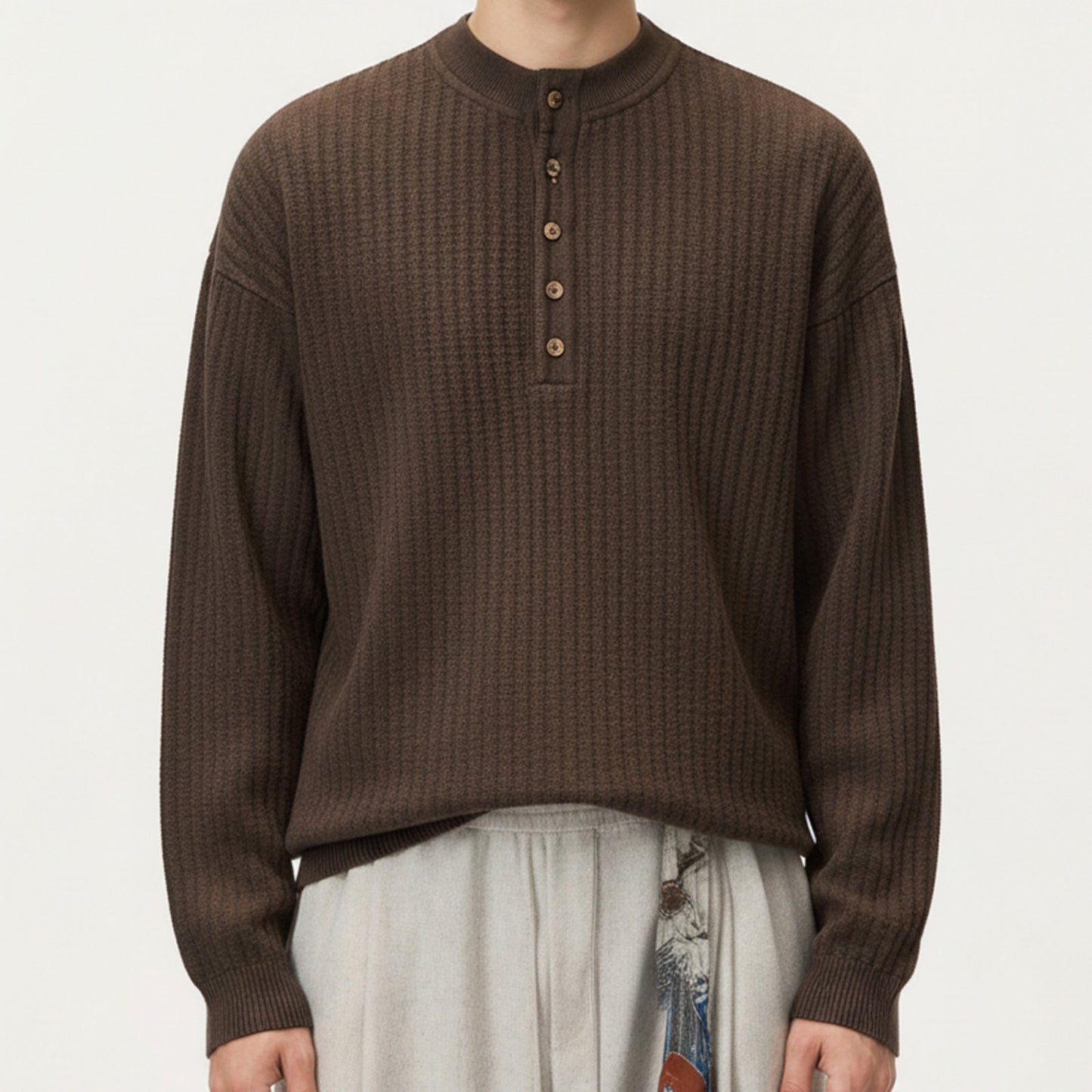Men's Long Sleeve Ribbed Knit Henley Pullover with Button Placket and Relaxed Fit