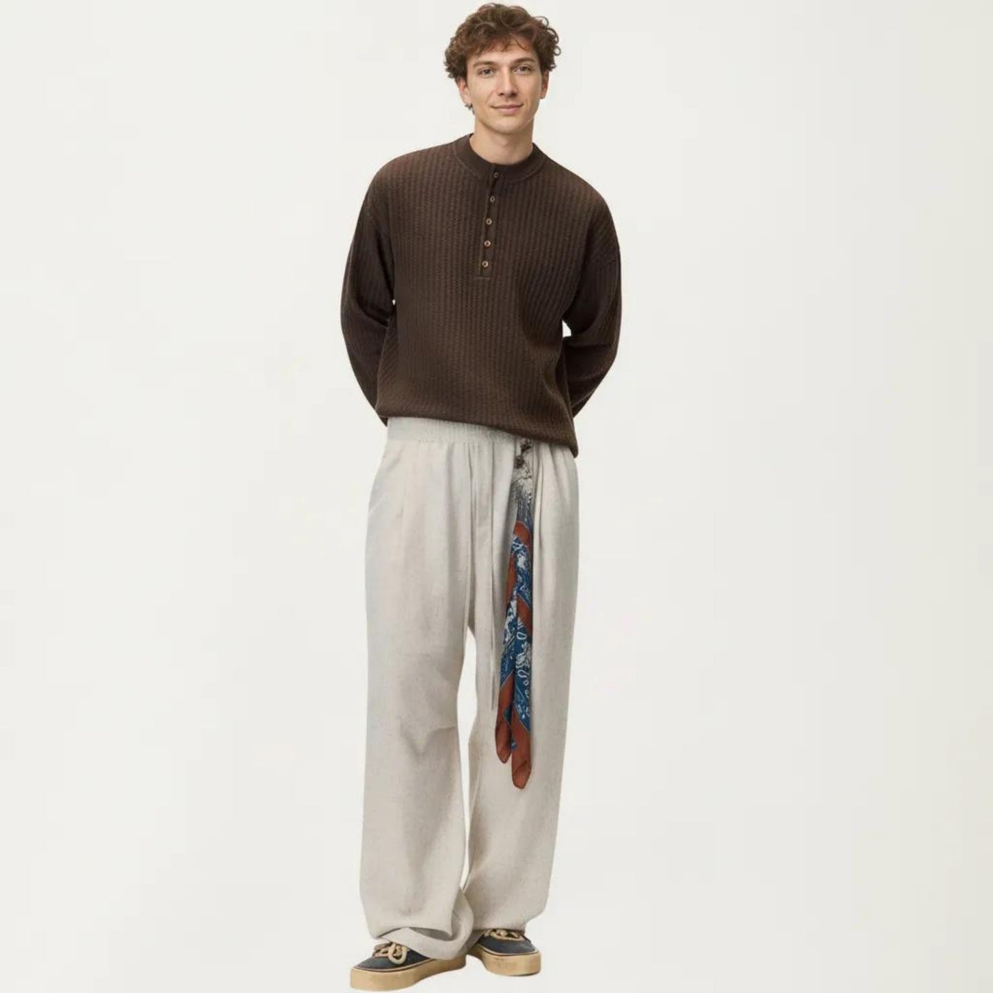 Men's Long Sleeve Ribbed Knit Henley Pullover with Button Placket and Relaxed Fit
