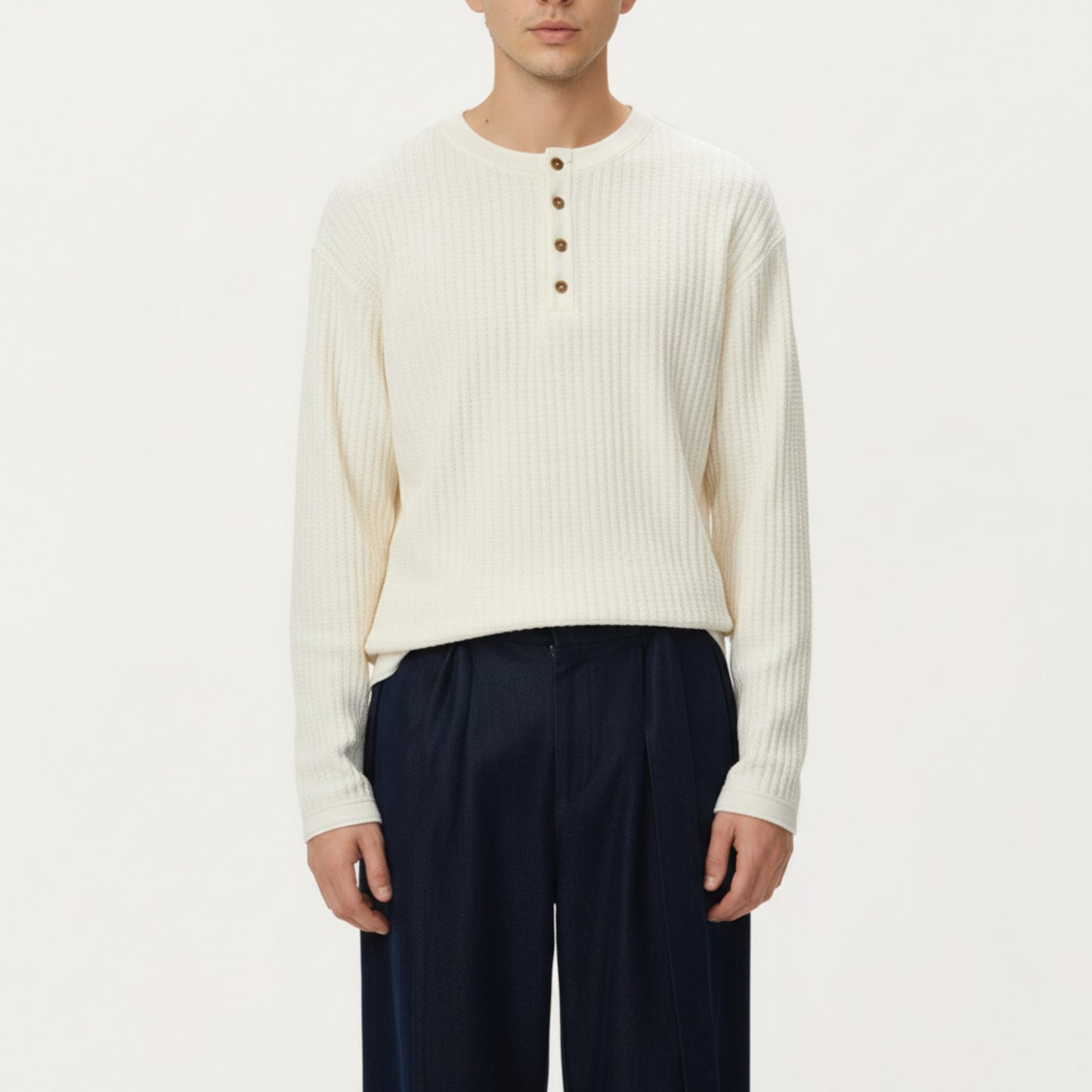 Men's Long Sleeve Ribbed Knit Henley Pullover with Button Placket and Relaxed Fit