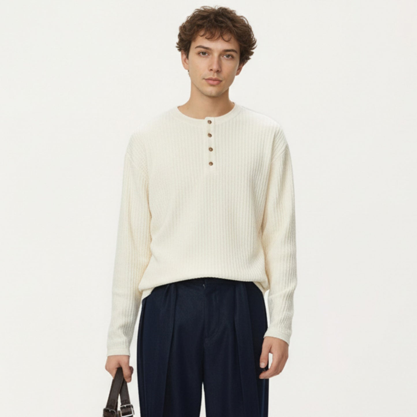 Men's Long Sleeve Ribbed Knit Henley Pullover with Button Placket and Relaxed Fit