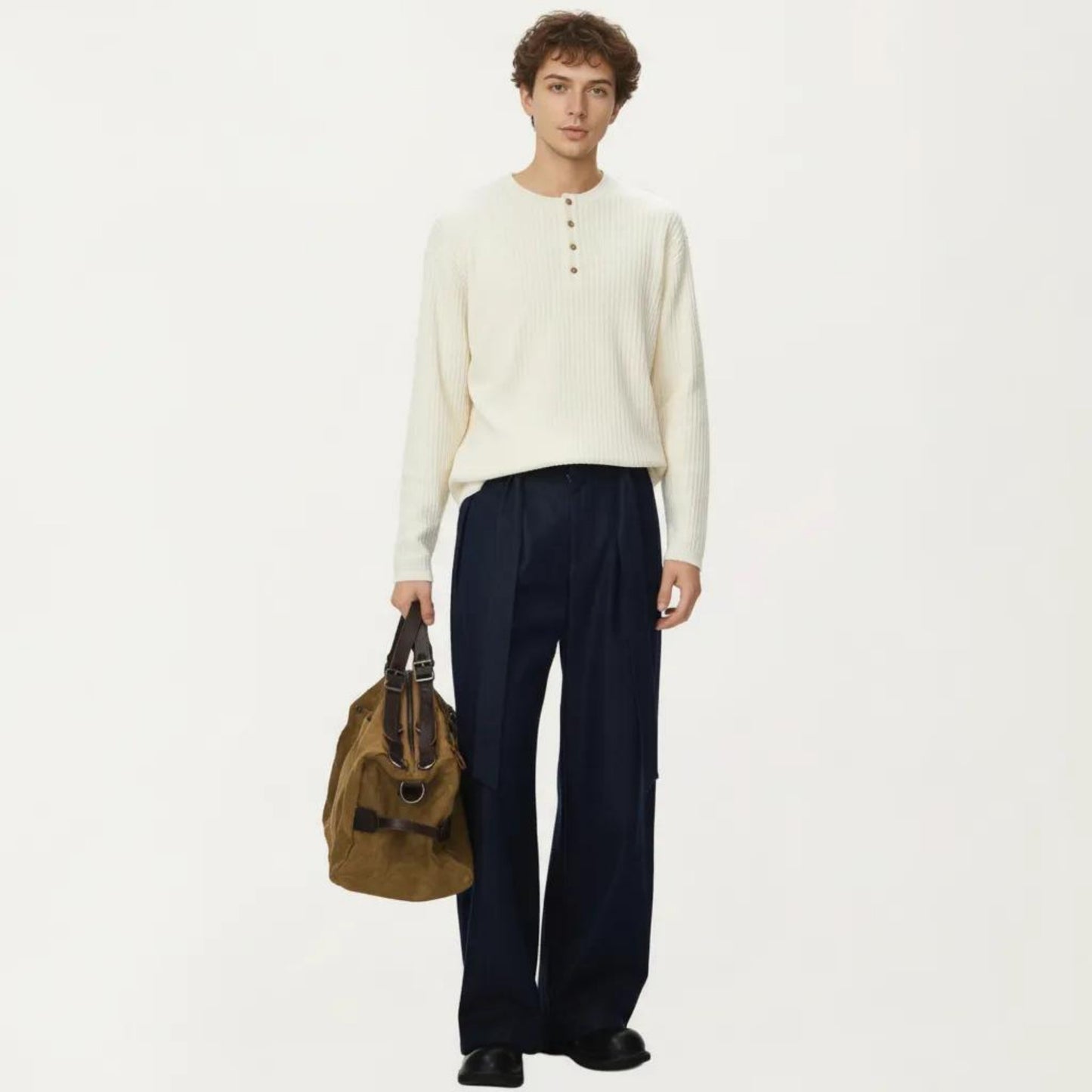 Men's Long Sleeve Ribbed Knit Henley Pullover with Button Placket and Relaxed Fit