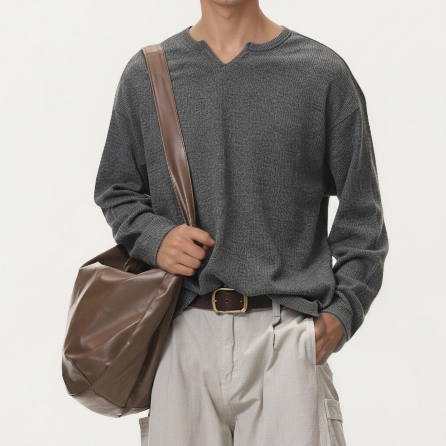Men's Long Sleeve Pullover Top with Layered Notch Neckline and Relaxed Fit