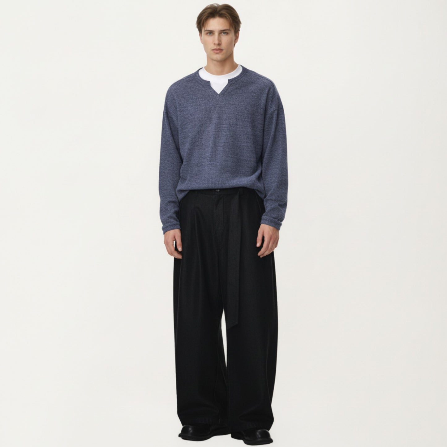 Men's Long Sleeve Pullover Top with Layered Notch Neckline and Relaxed Fit