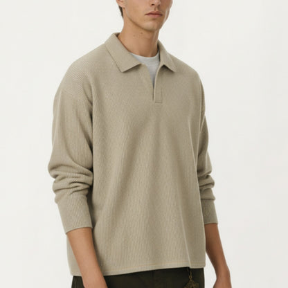 Men's Ribbed Long Sleeve Collared Pullover Top with Relaxed Fit