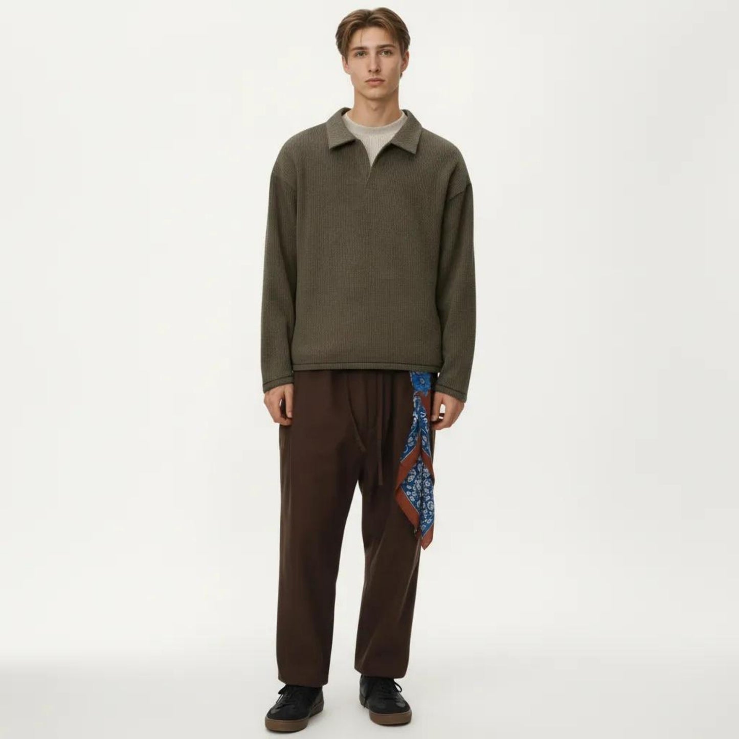 Men's Ribbed Long Sleeve Collared Pullover Top with Relaxed Fit