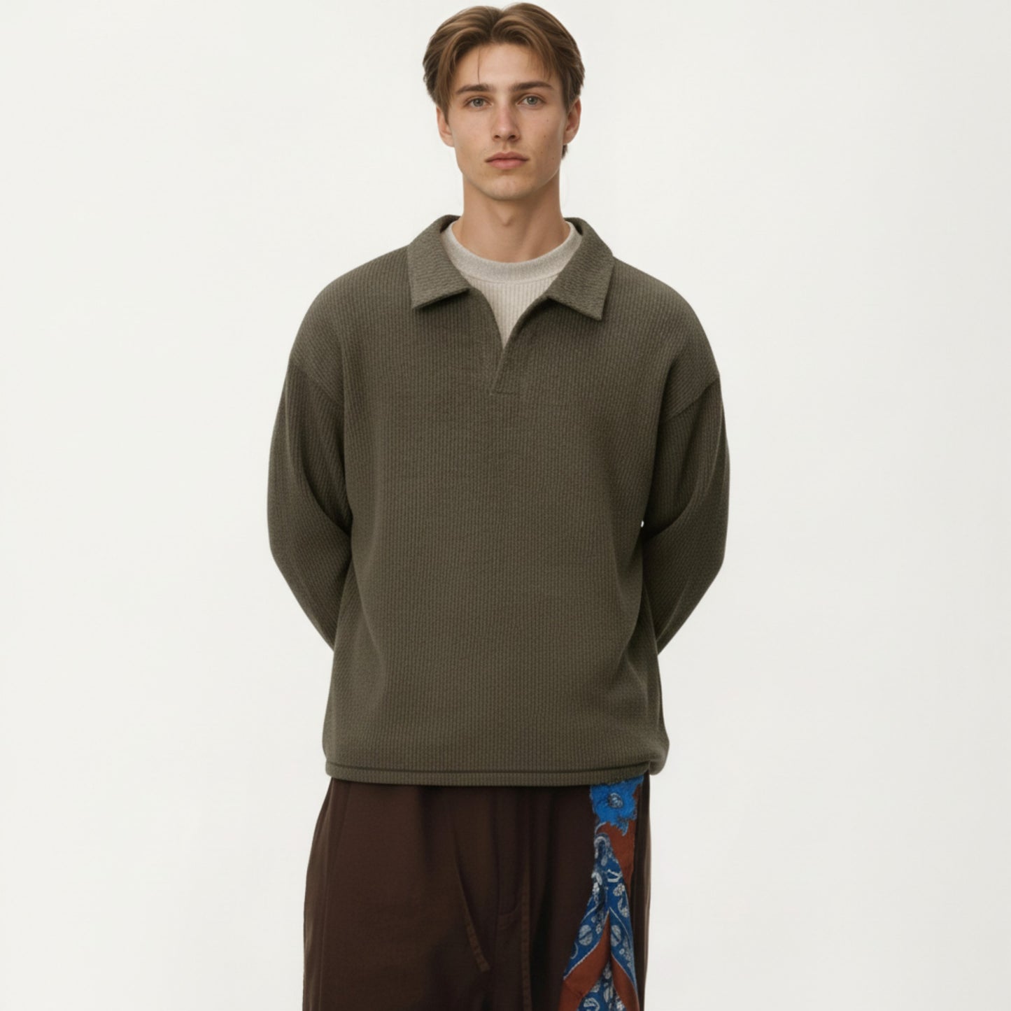 Men's Ribbed Long Sleeve Collared Pullover Top with Relaxed Fit