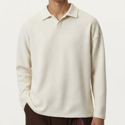 Men's Ribbed Long Sleeve Collared Pullover Top with Relaxed Fit