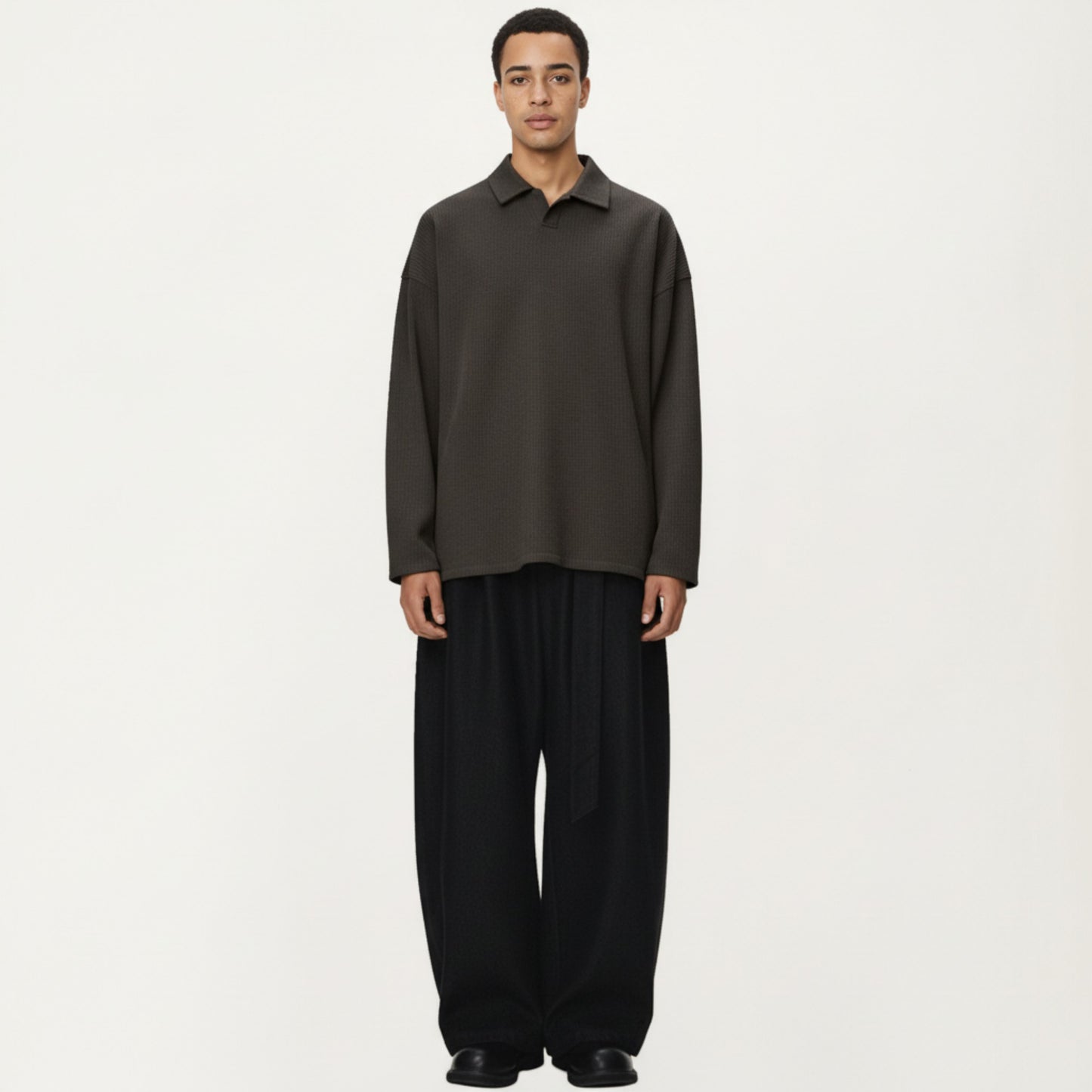 Men's Ribbed Long Sleeve Collared Pullover Top with Relaxed Fit
