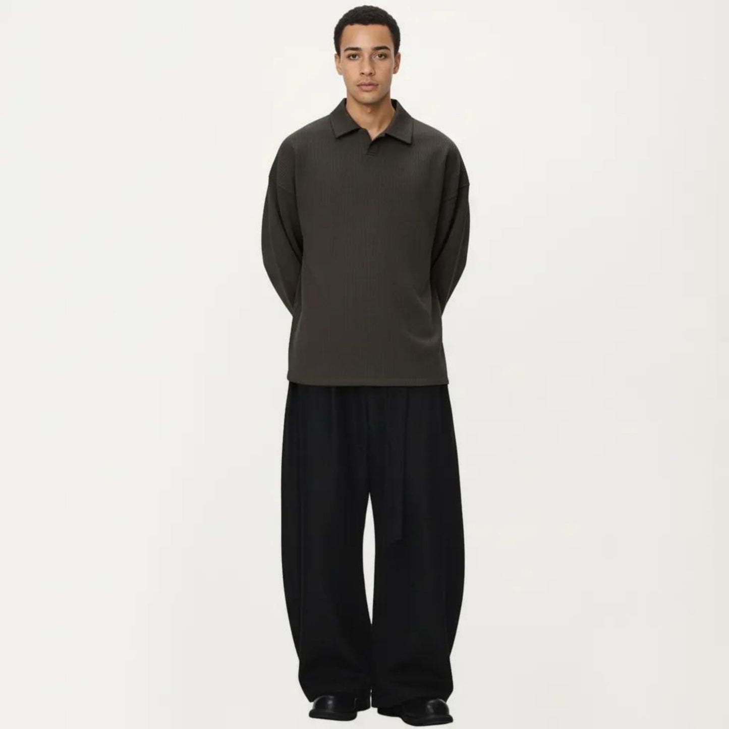 Men's Ribbed Long Sleeve Collared Pullover Top with Relaxed Fit