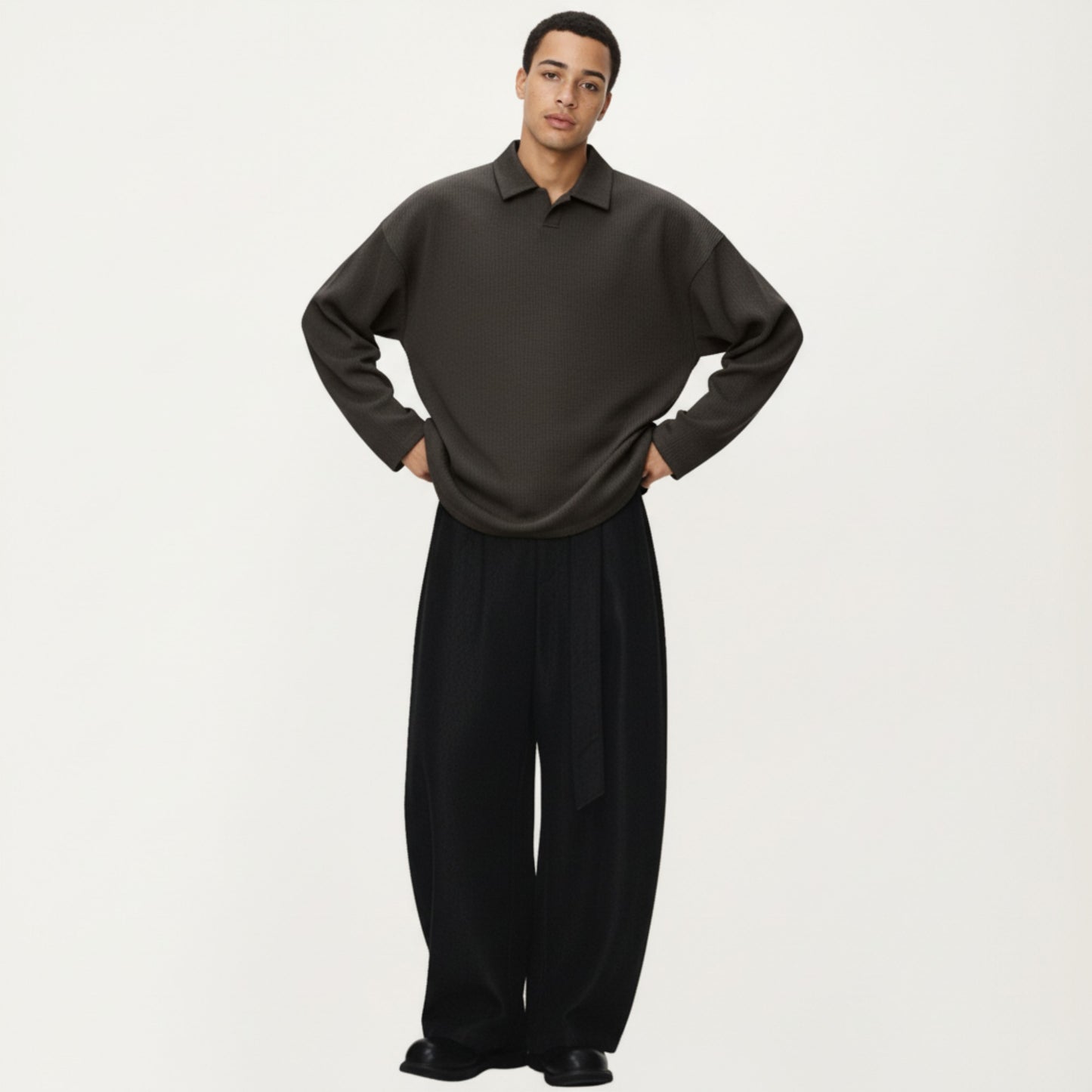 Men's Ribbed Long Sleeve Collared Pullover Top with Relaxed Fit