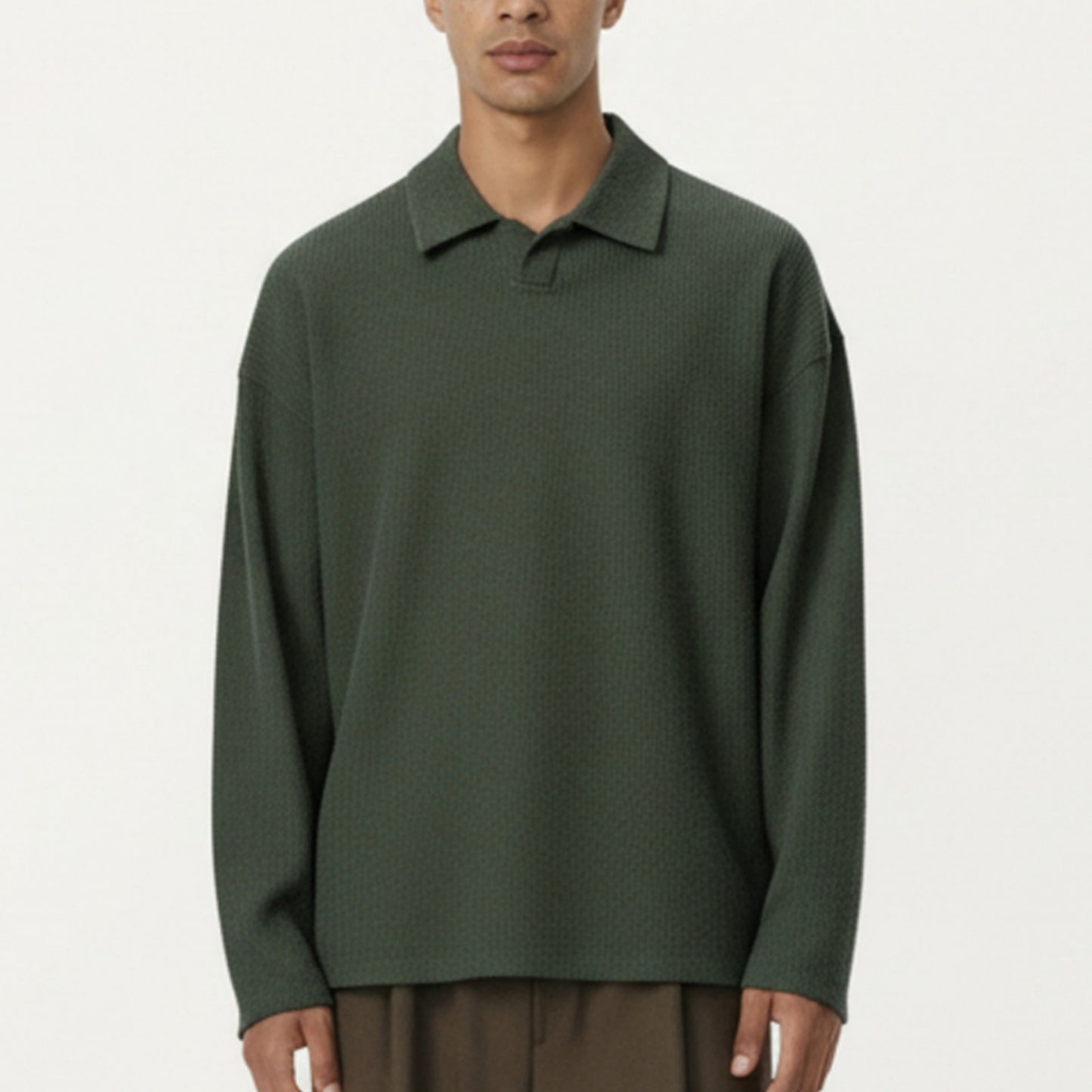 Men's Ribbed Long Sleeve Collared Pullover Top with Relaxed Fit