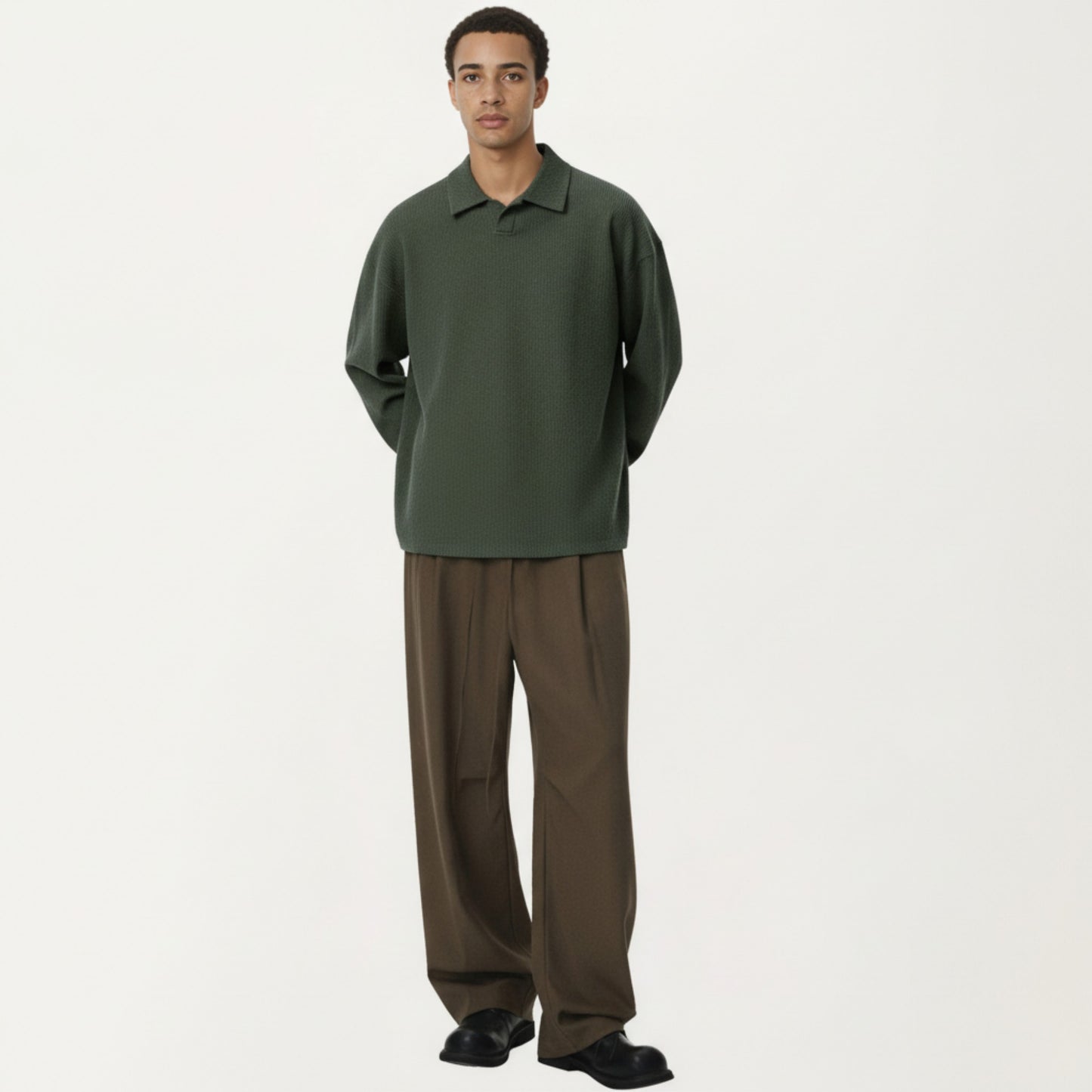 Men's Ribbed Long Sleeve Collared Pullover Top with Relaxed Fit