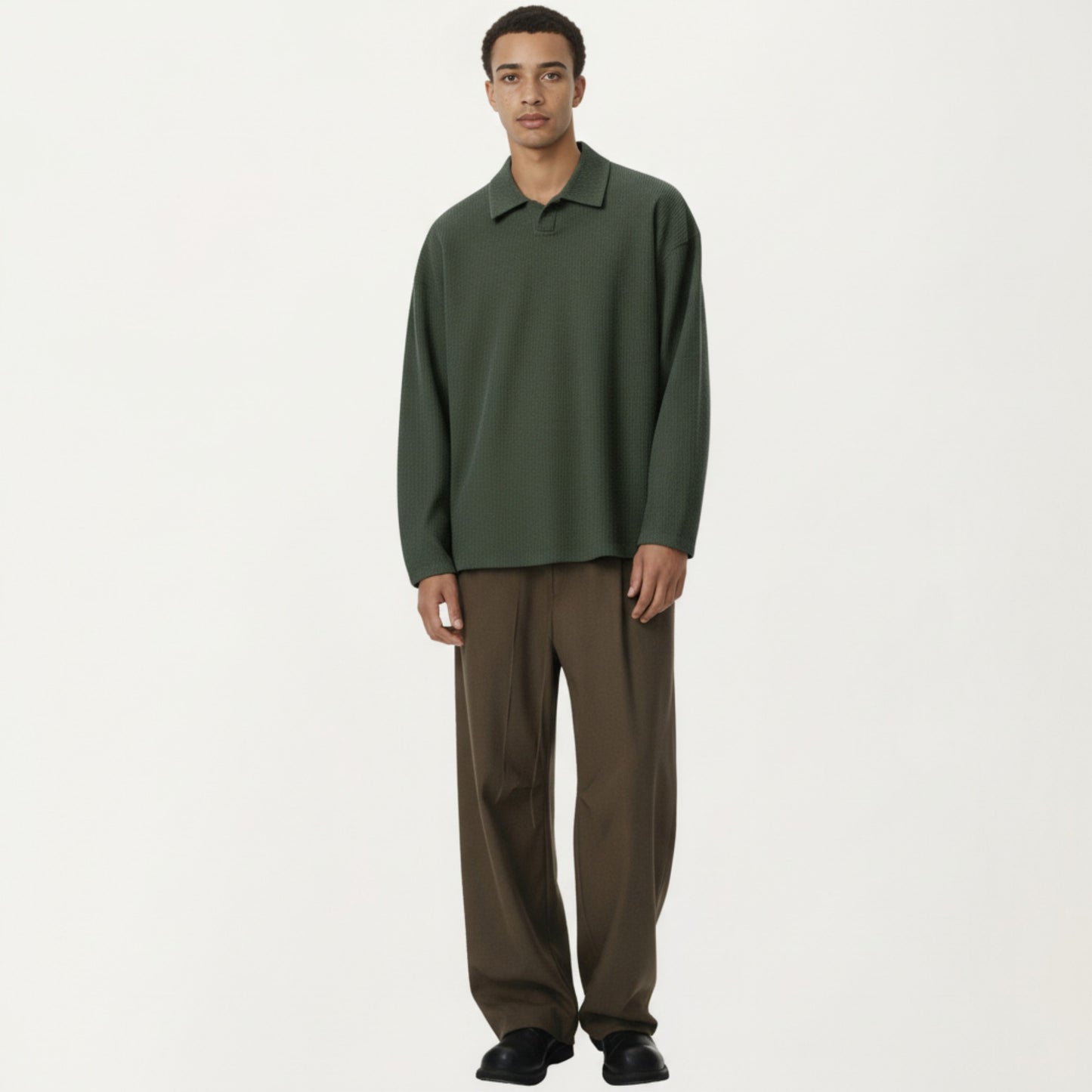 Men's Ribbed Long Sleeve Collared Pullover Top with Relaxed Fit