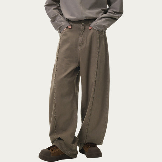 Men's Relaxed Fit Straight Leg Pants with Vertical Seam Detail and Button Closure