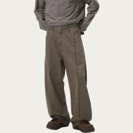 Men's Relaxed Fit Straight Leg Pants with Vertical Seam Detail and Button Closure