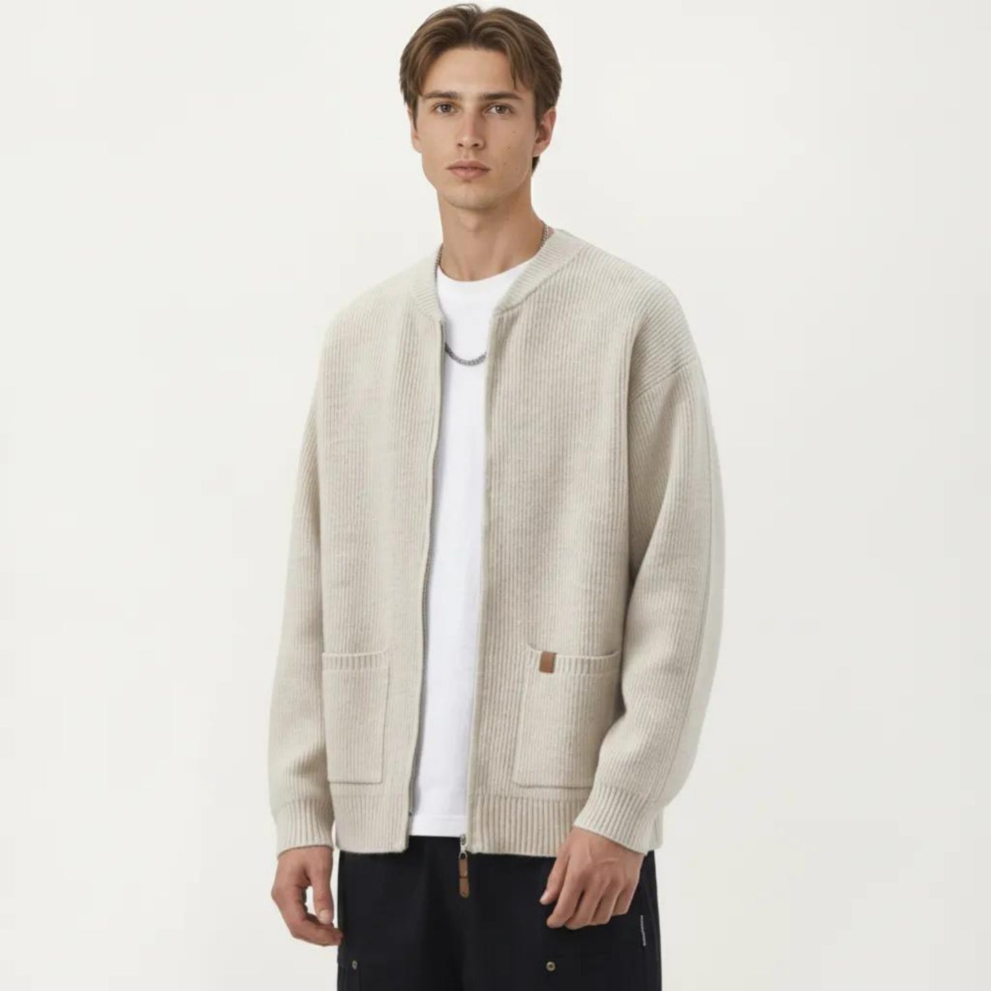 Men's Zip Front Knit Cardigan Sweater with Ribbed Trim and Patch Pockets