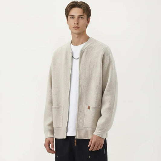 Men's Zip Front Knit Cardigan Sweater with Ribbed Trim and Patch Pockets
