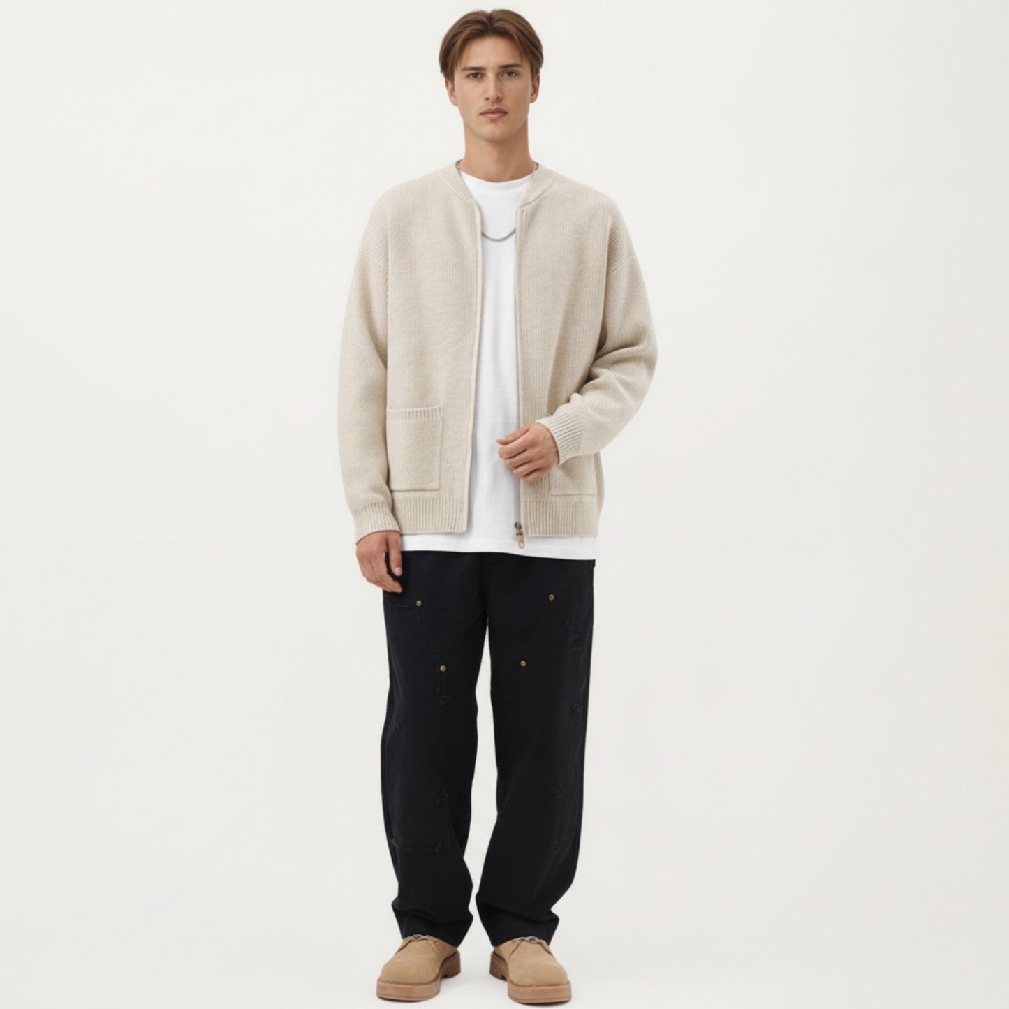 Men's Zip Front Knit Cardigan Sweater with Ribbed Trim and Patch Pockets