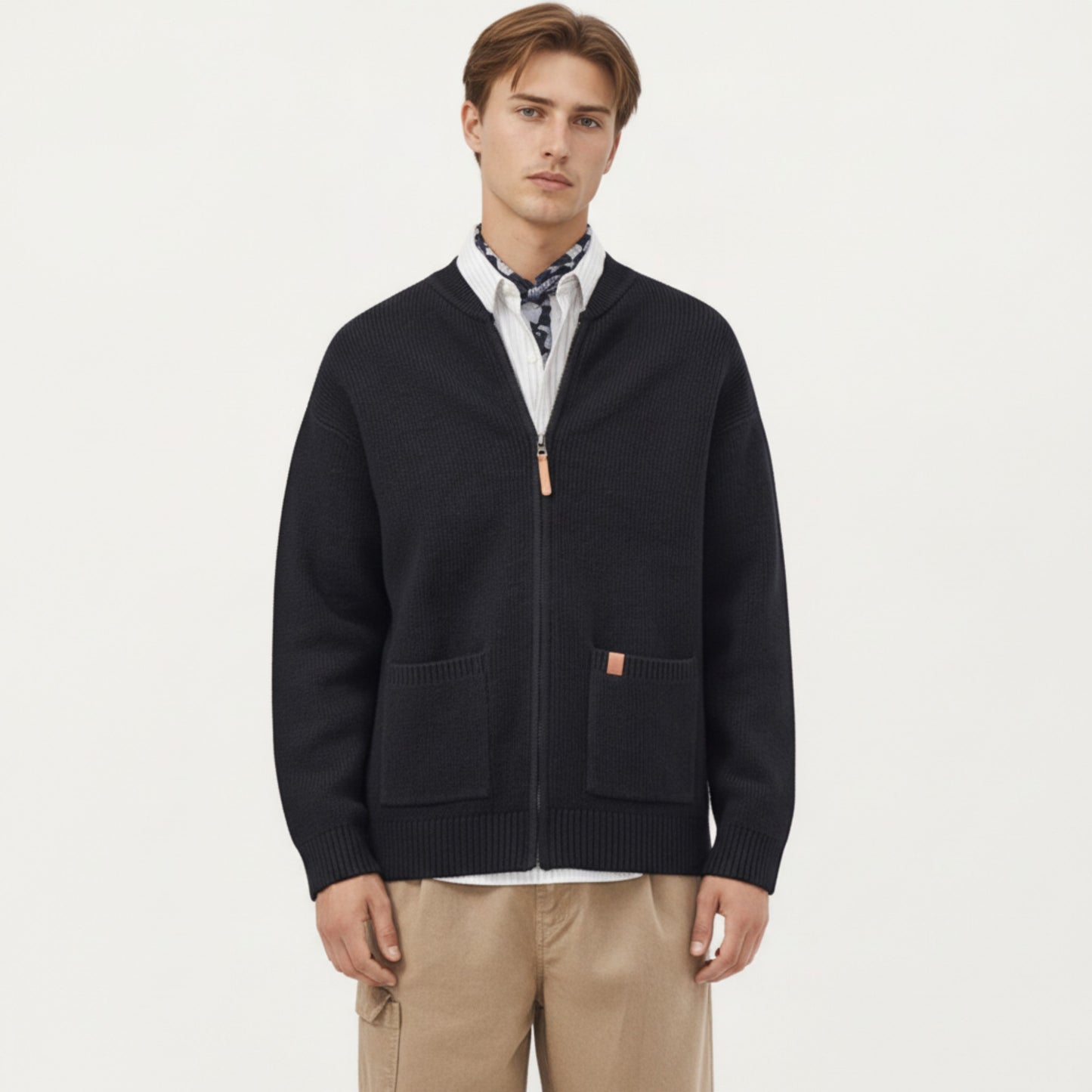 Men's Zip Front Knit Cardigan Sweater with Ribbed Trim and Patch Pockets