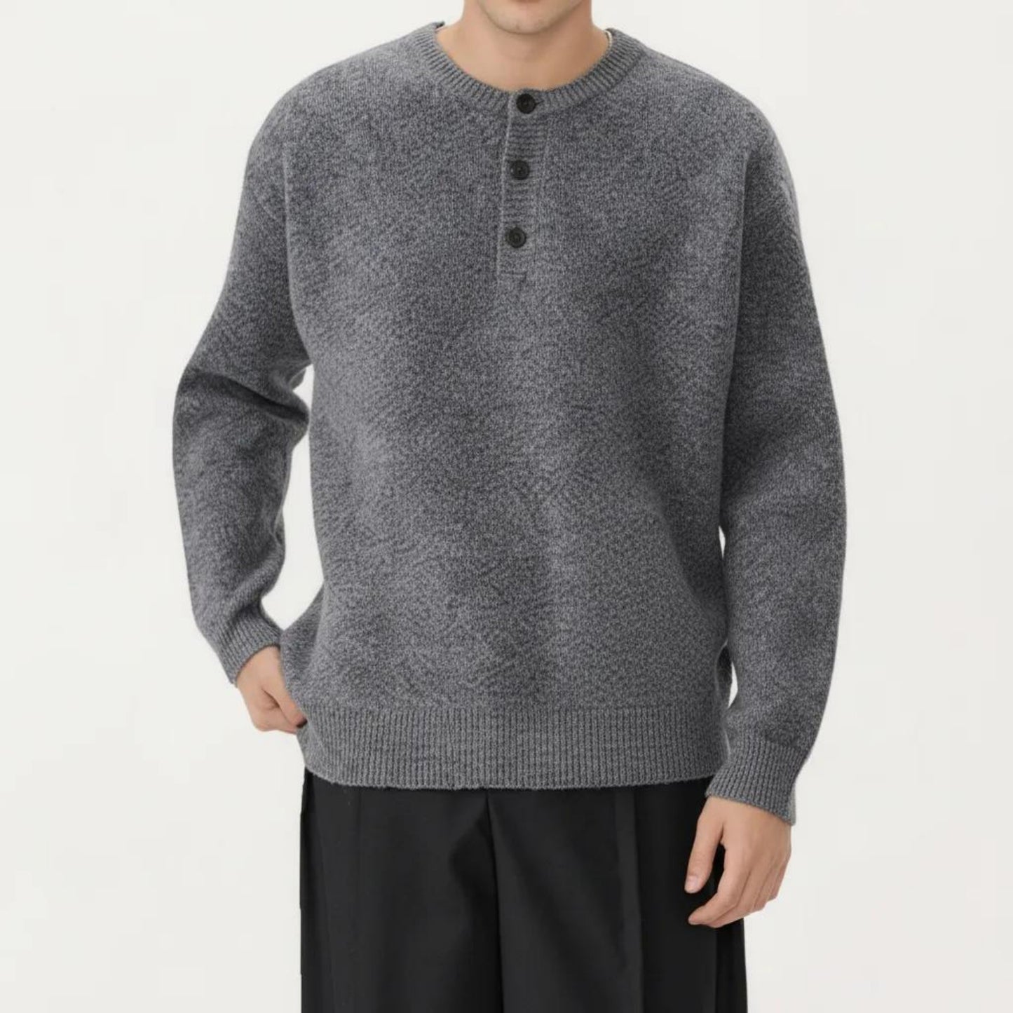 Men's Long Sleeve Knit Henley Sweater with Ribbed Trim