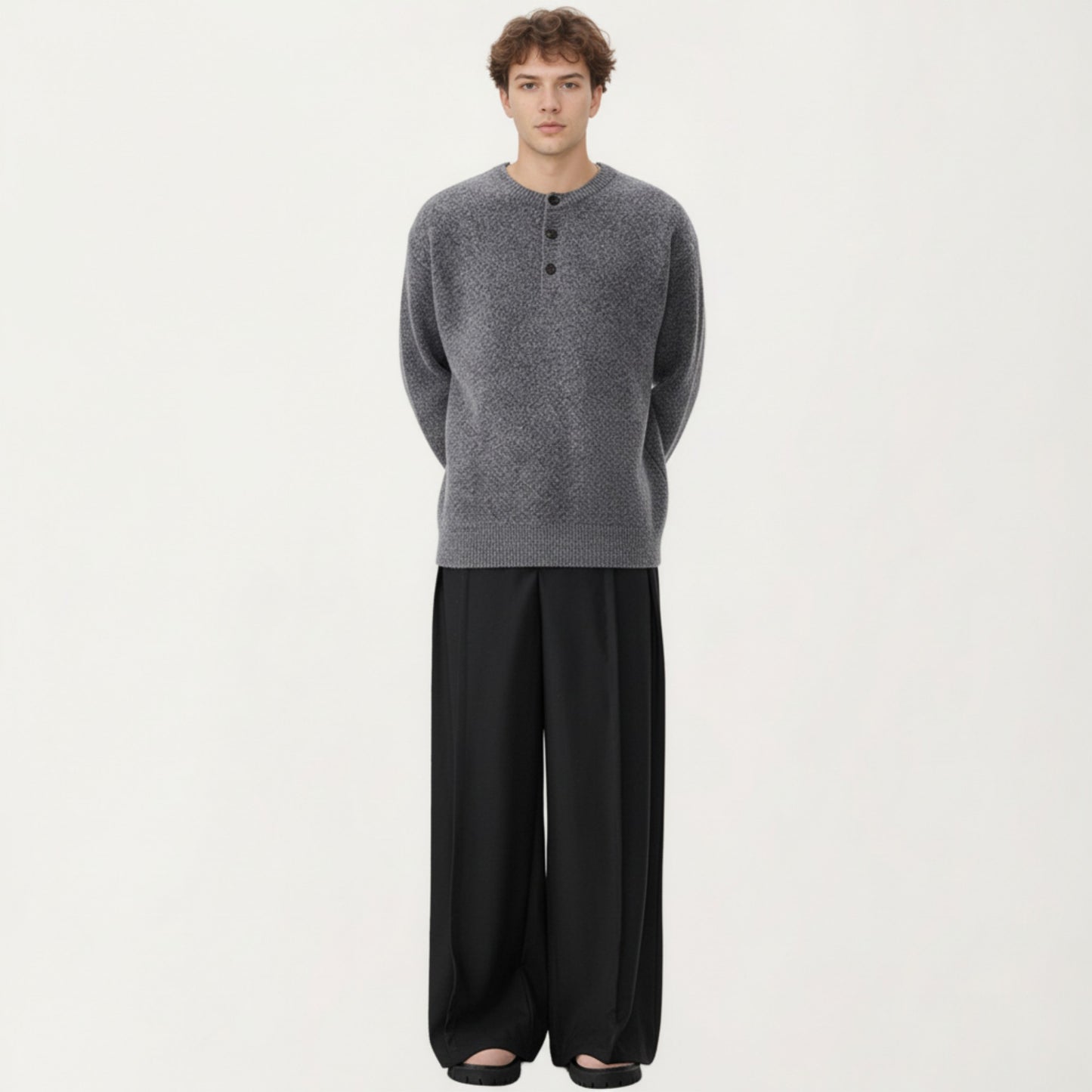 Men's Long Sleeve Knit Henley Sweater with Ribbed Trim