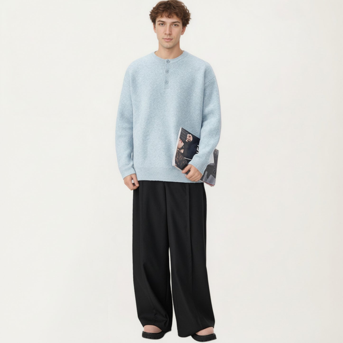 Men's Long Sleeve Knit Henley Sweater with Ribbed Trim