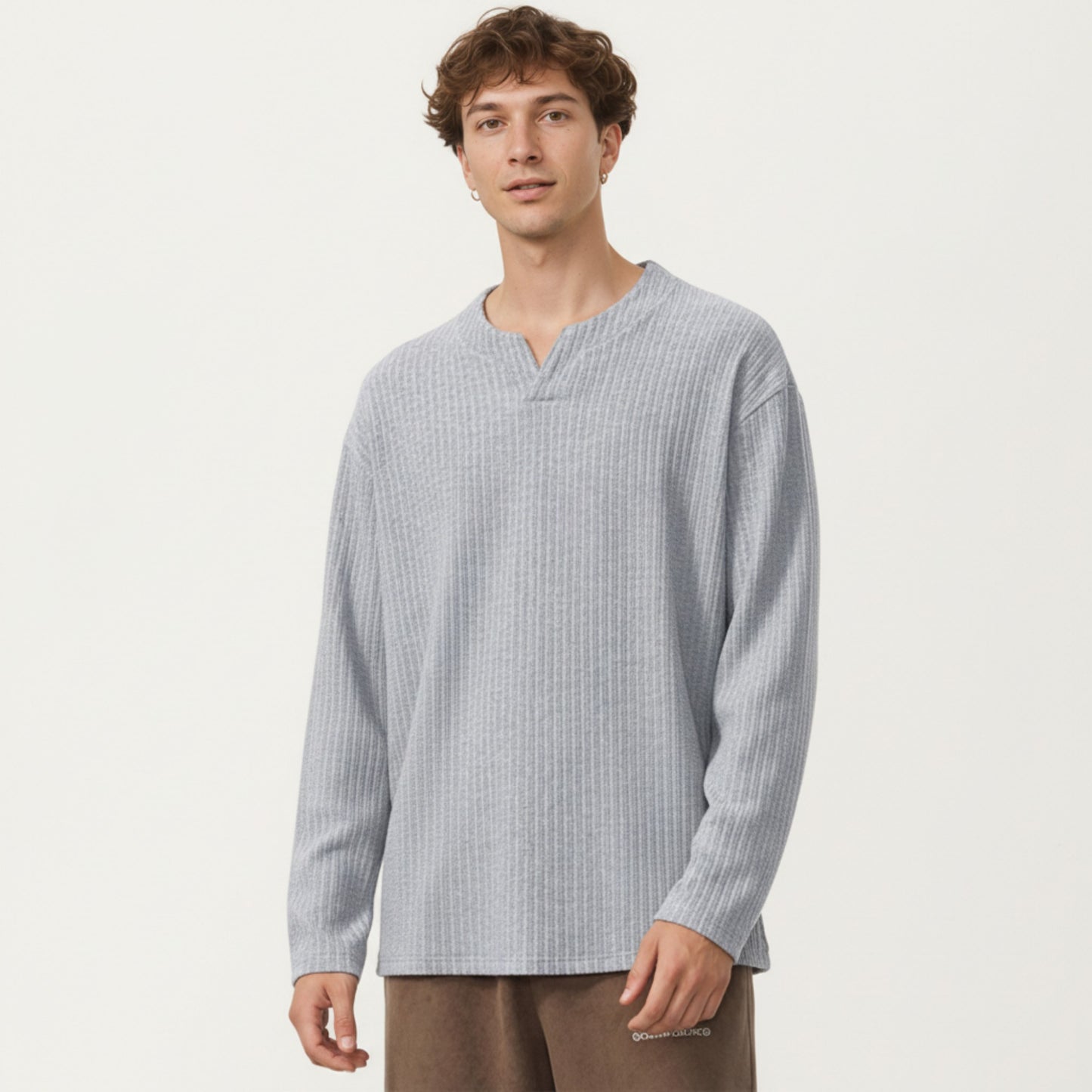 Men's Ribbed Long Sleeve Split Neck Top with Relaxed Fit