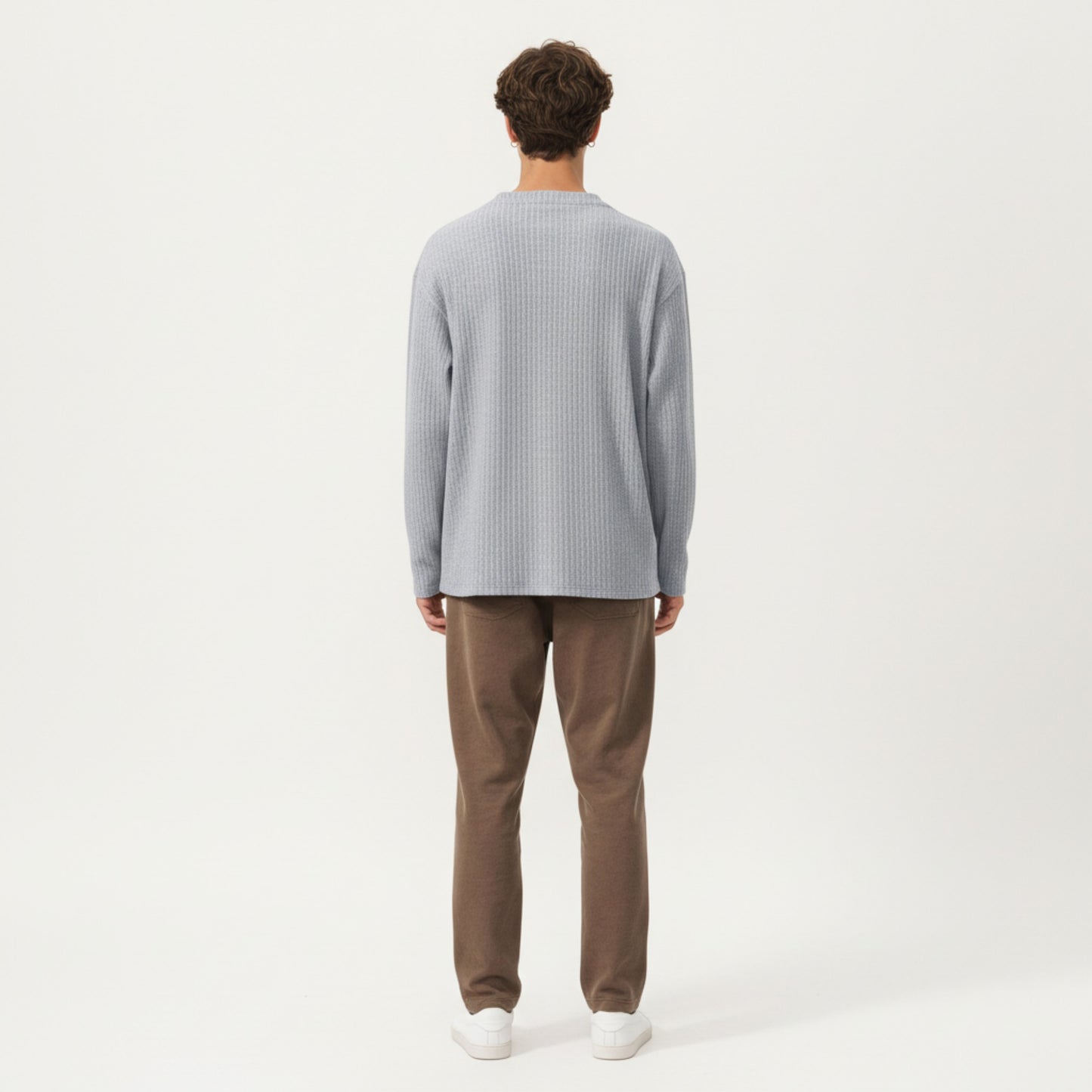 Men's Ribbed Long Sleeve Split Neck Top with Relaxed Fit