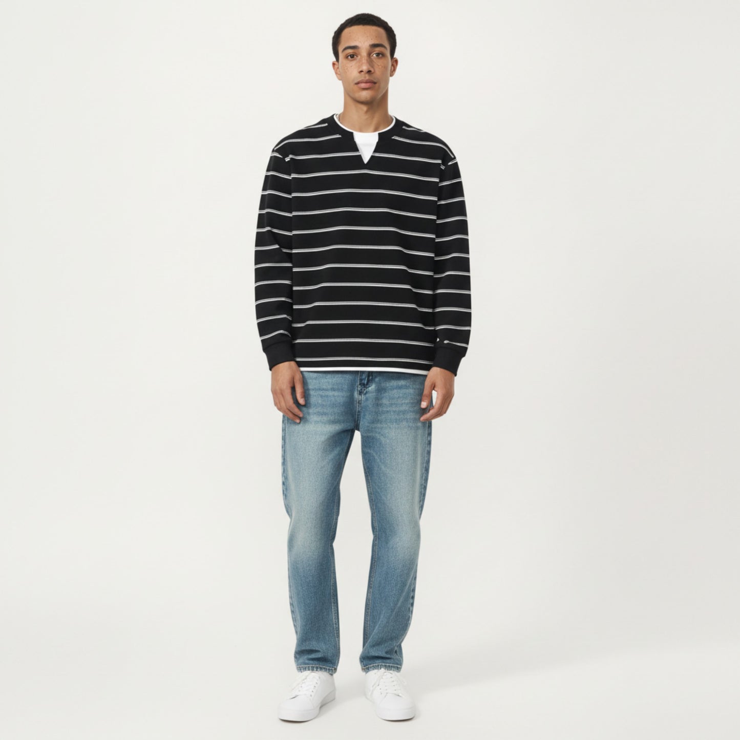 Men's Long Sleeve Striped Knit Pullover Top with Notch Neck and Ribbed Cuffs