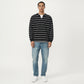 Men's Long Sleeve Striped Knit Pullover Top with Notch Neck and Ribbed Cuffs