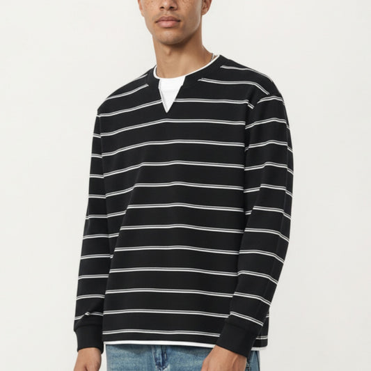 Men's Long Sleeve Striped Knit Pullover Top with Notch Neck and Ribbed Cuffs