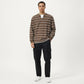 Men's Long Sleeve Striped Knit Pullover Top with Notch Neck and Ribbed Cuffs