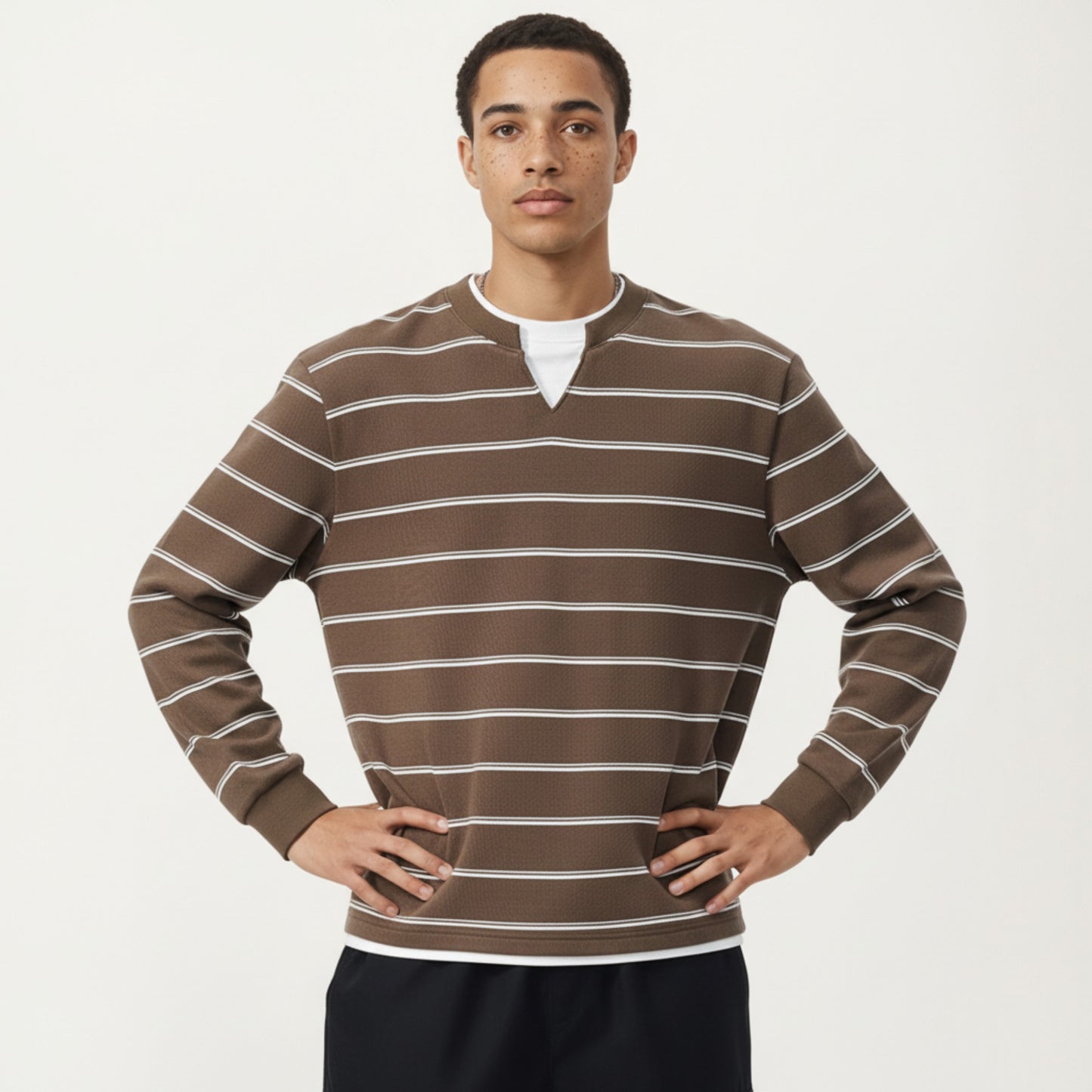 Men's Long Sleeve Striped Knit Pullover Top with Notch Neck and Ribbed Cuffs