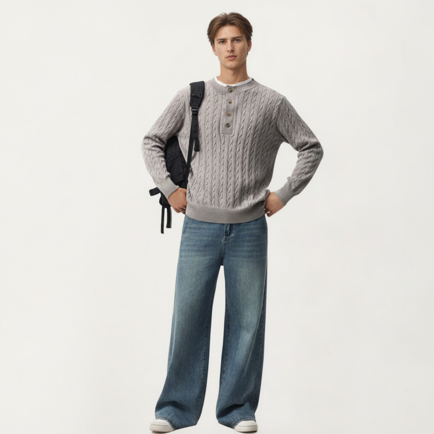 Men's Long Sleeve Cable Knit Henley Sweater with Button Placket and Ribbed Trim