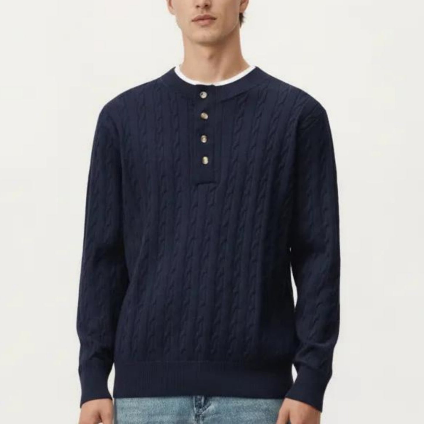 Men's Long Sleeve Cable Knit Henley Sweater with Button Placket and Ribbed Trim