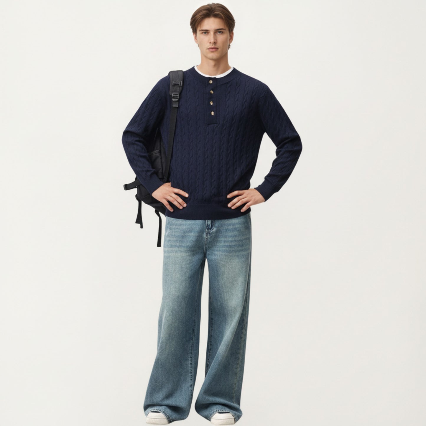 Men's Long Sleeve Cable Knit Henley Sweater with Button Placket and Ribbed Trim
