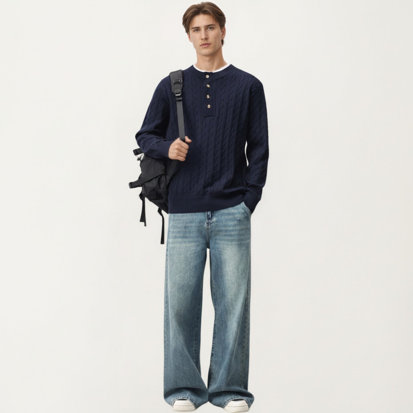 Men's Long Sleeve Cable Knit Henley Sweater with Button Placket and Ribbed Trim