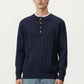 Men's Long Sleeve Cable Knit Henley Sweater with Button Placket and Ribbed Trim