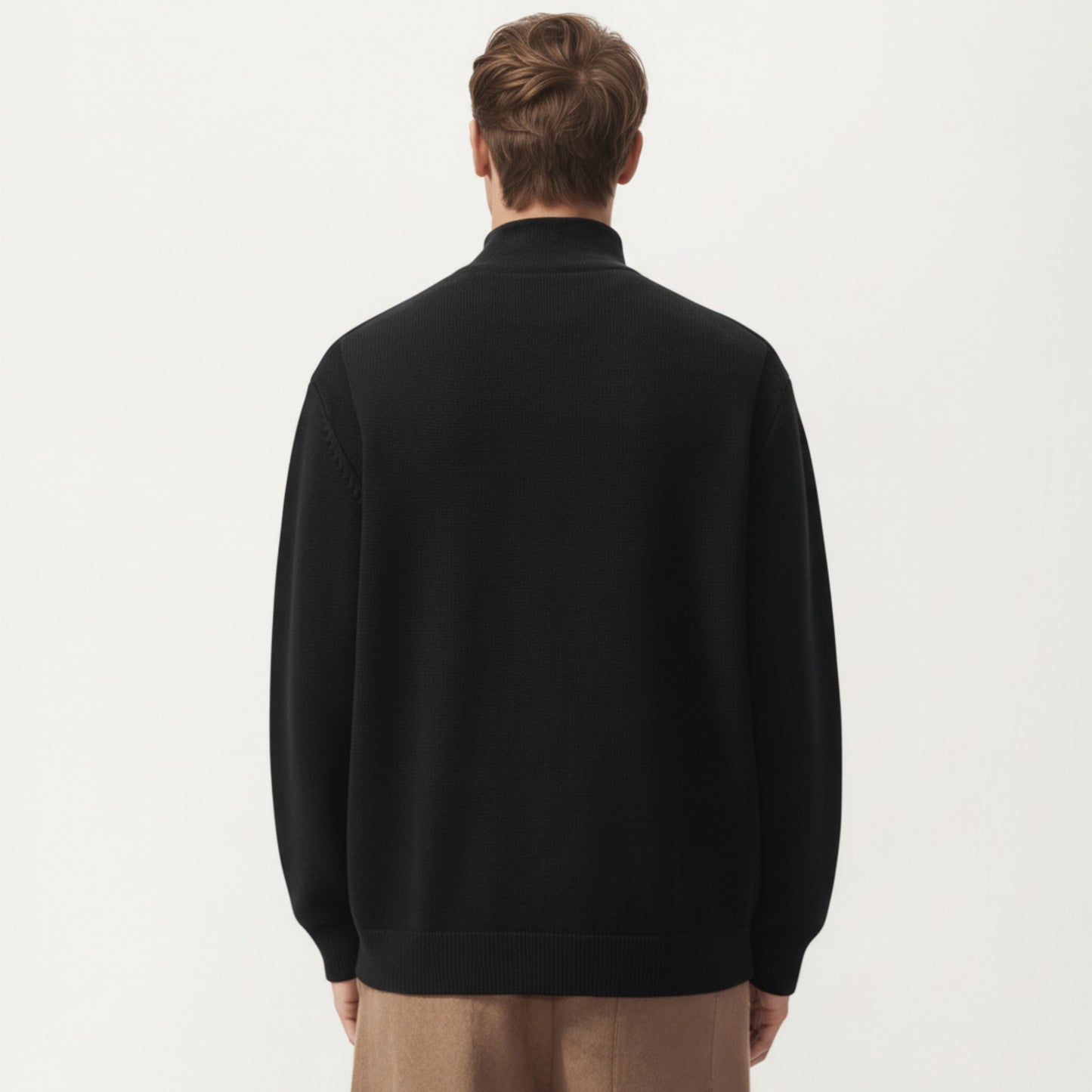 Men's Long Sleeve Button Front Knit Sweater Jacket with Mock Neck Collar and Ribbed Trim