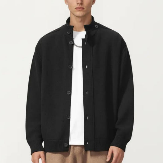 Men's Long Sleeve Button Front Knit Sweater Jacket with Mock Neck Collar and Ribbed Trim