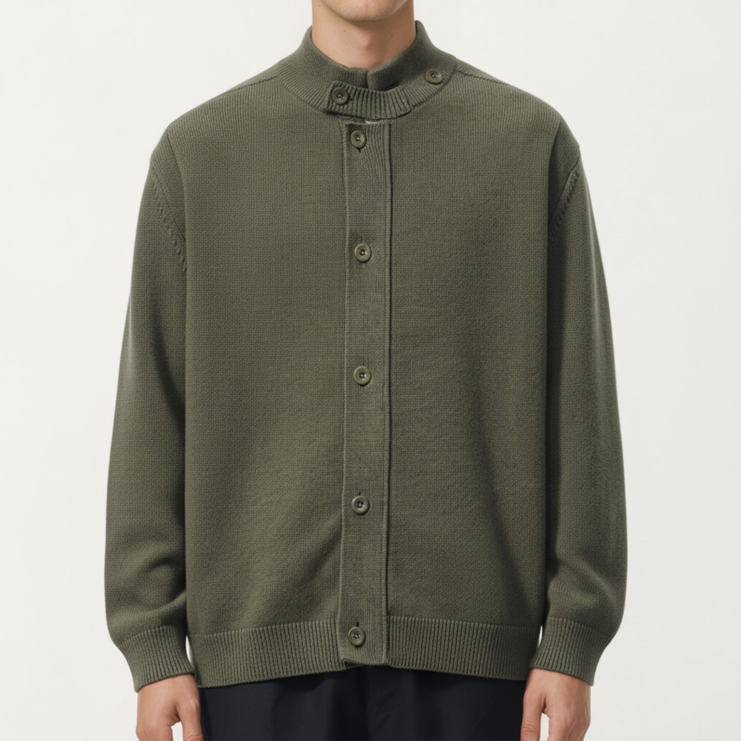 Men's Long Sleeve Button Front Knit Sweater Jacket with Mock Neck Collar and Ribbed Trim