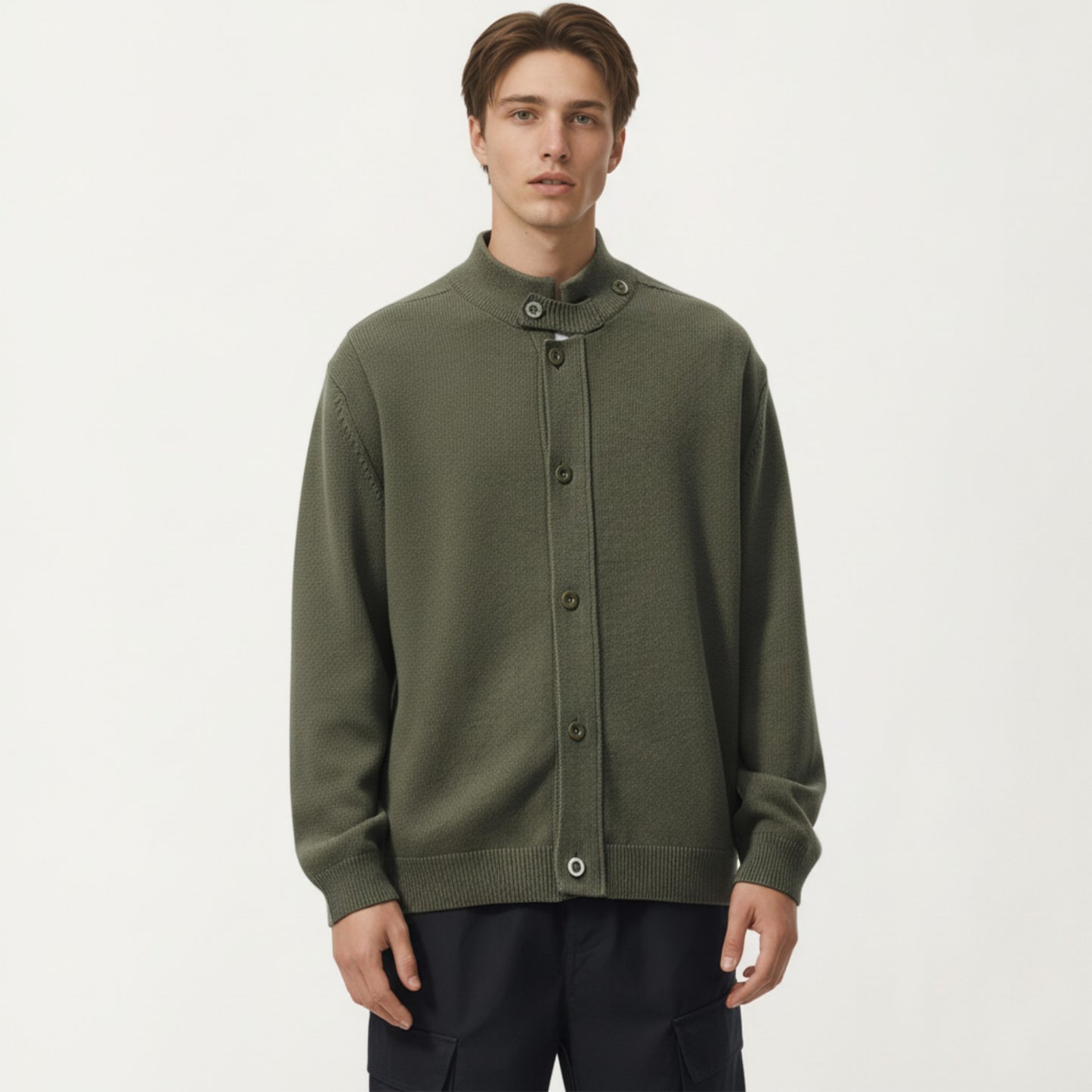 Men's Long Sleeve Button Front Knit Sweater Jacket with Mock Neck Collar and Ribbed Trim