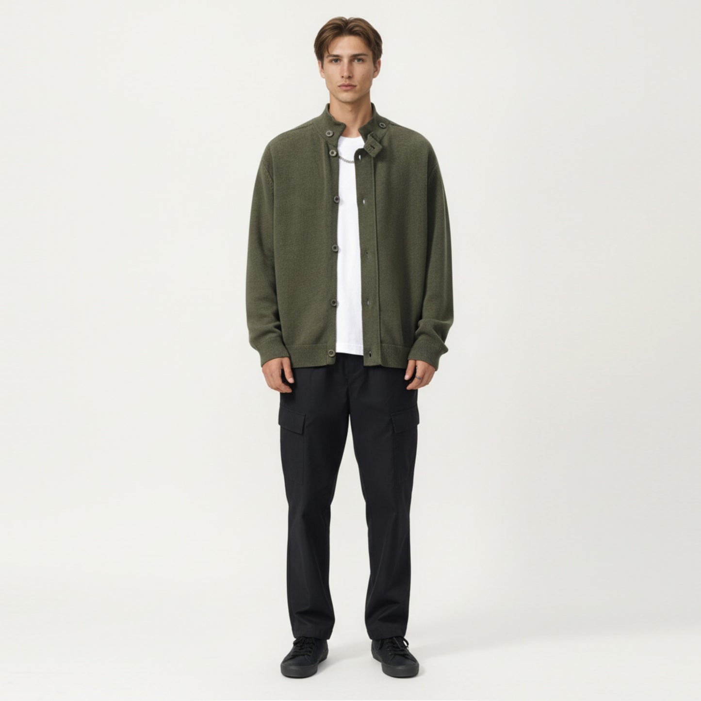 Men's Long Sleeve Button Front Knit Sweater Jacket with Mock Neck Collar and Ribbed Trim