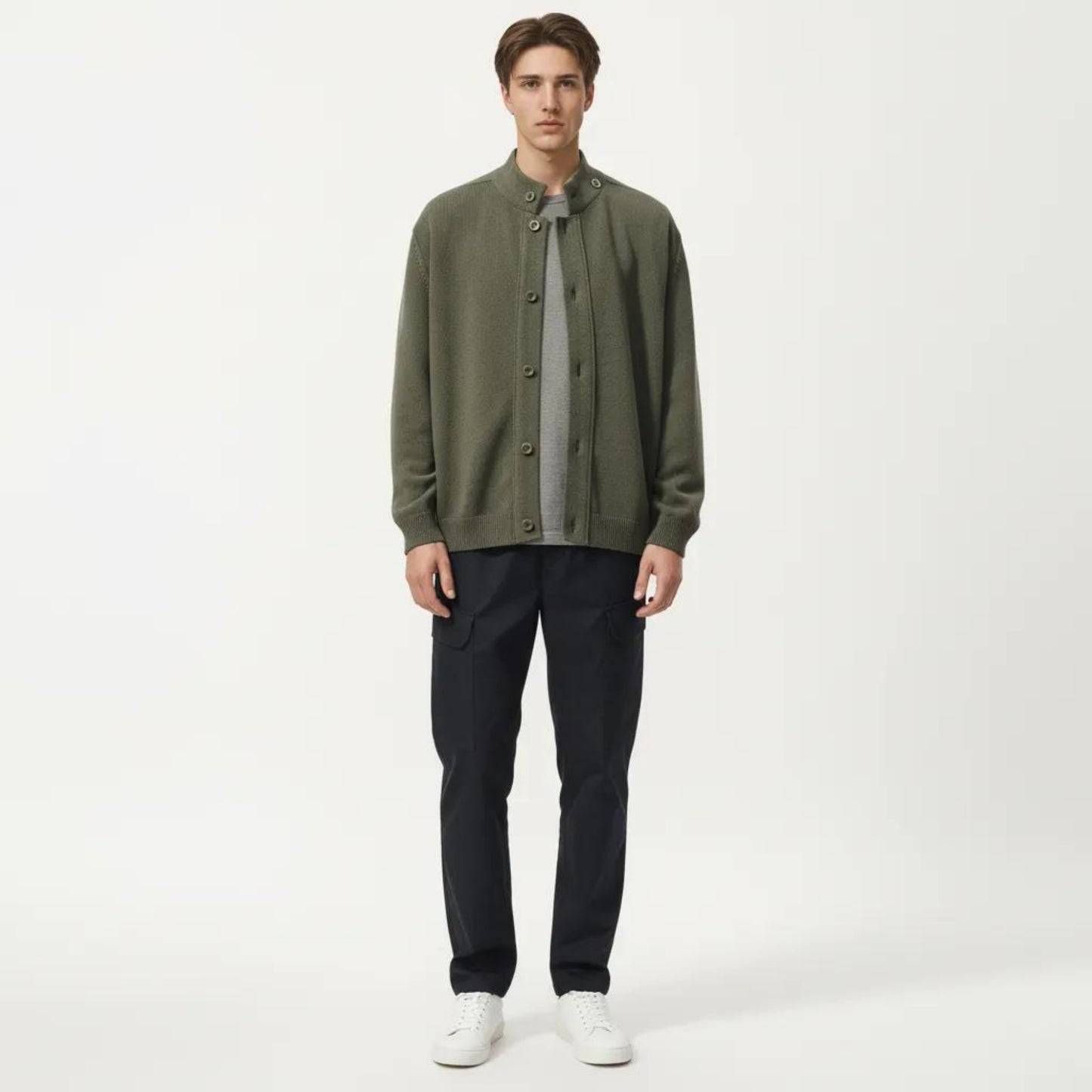 Men's Long Sleeve Button Front Knit Sweater Jacket with Mock Neck Collar and Ribbed Trim